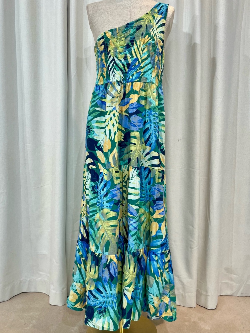 Time and Tru One-Shoulder Tropical Maxi Dress in Blue & Green